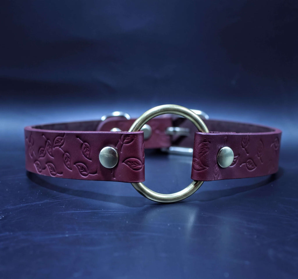 A burgundy leather collar with a gold-colored circular buckle is displayed against a dark blue background.