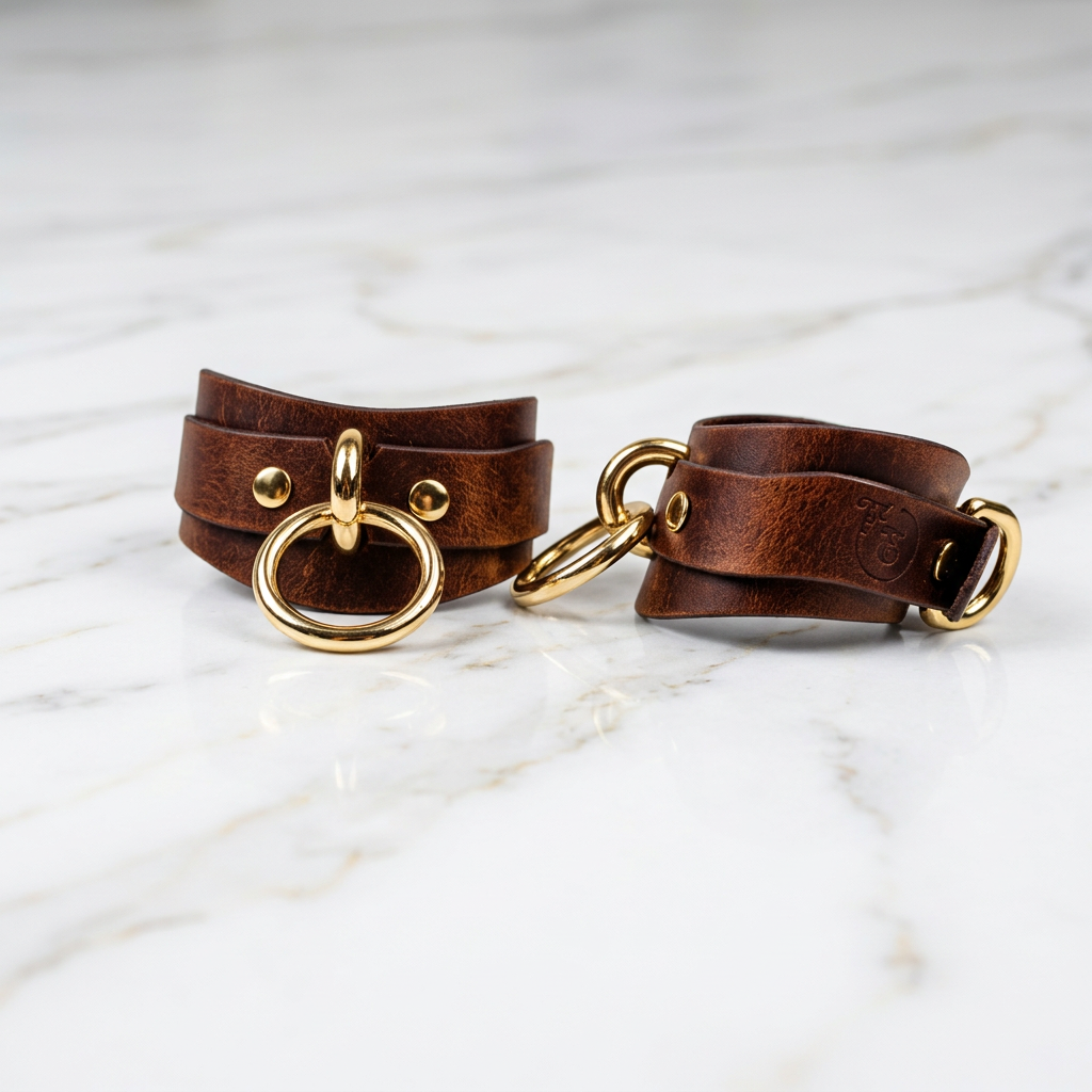Two brown leather straps with gold metal rings and buckles are placed on a white marble surface.