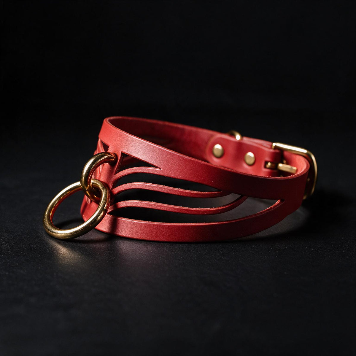 A red leather choker necklace with a gold-colored metal clasp and a unique cutout design.