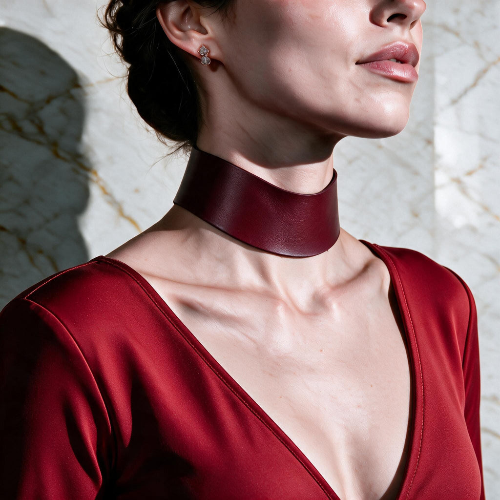 A woman wearing a red dress with a choker necklace stands against a marble wall.