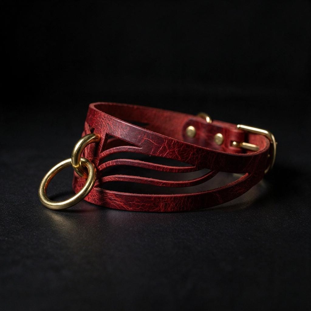 A red leather choker necklace with gold-colored metal rings and a buckle is displayed against a dark background.