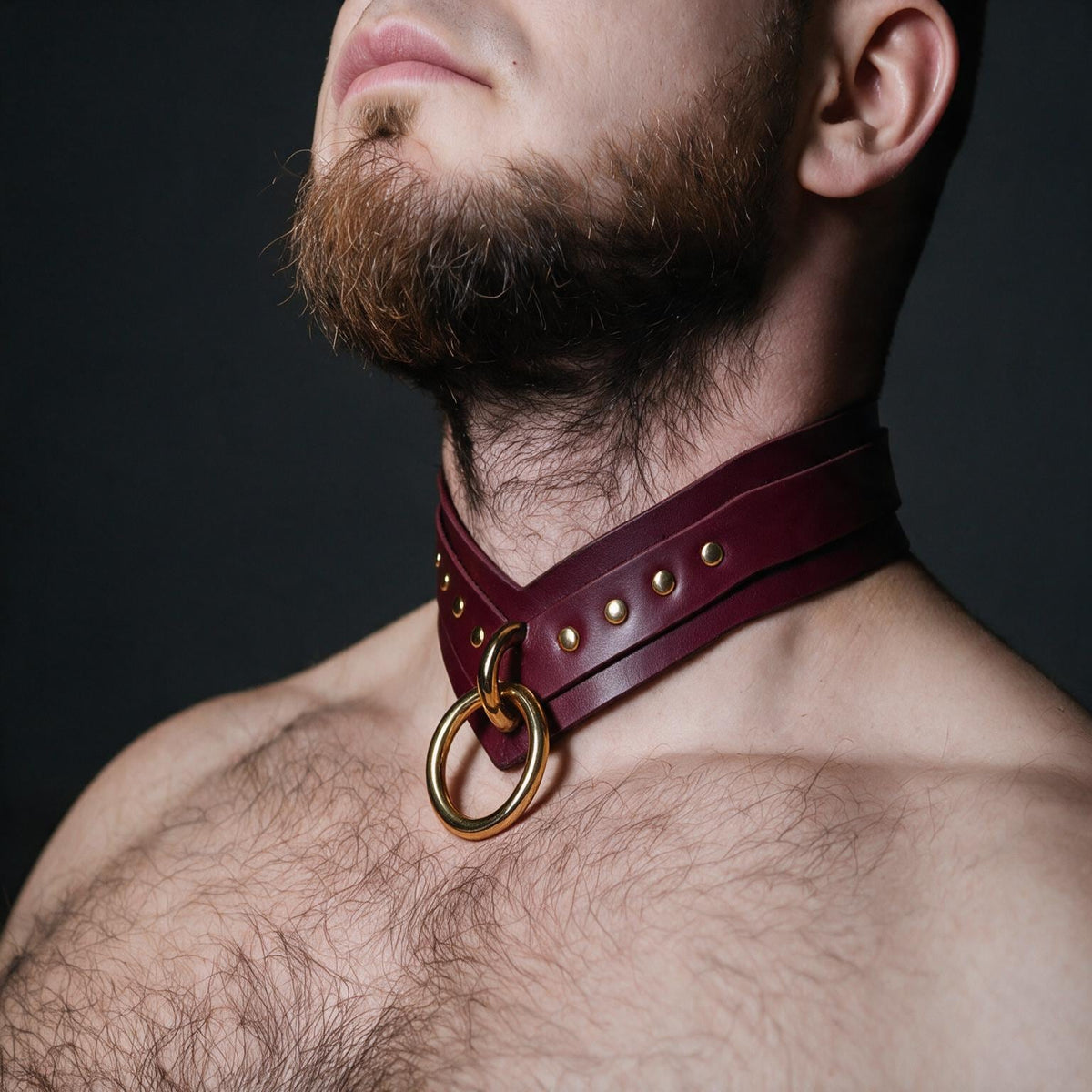 A close-up of a man's neck and chest area, with a burgundy leather choker collar featuring a gold ring and studs.