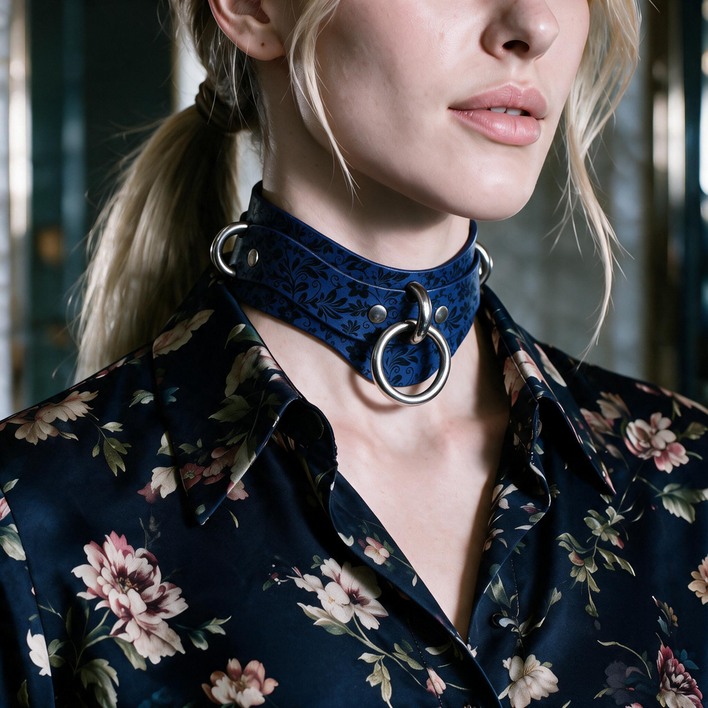 A close-up of a woman wearing a blue choker necklace with a floral pattern and a silver ring on the front.