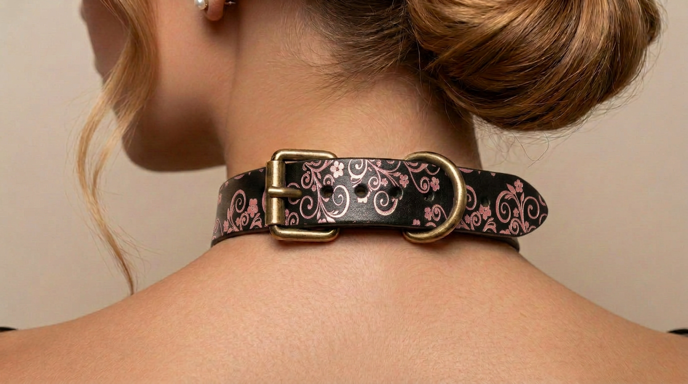A close-up view of a woman's neck and shoulders, focusing on a decorative leather choker necklace with a floral pattern and a brass buckle.