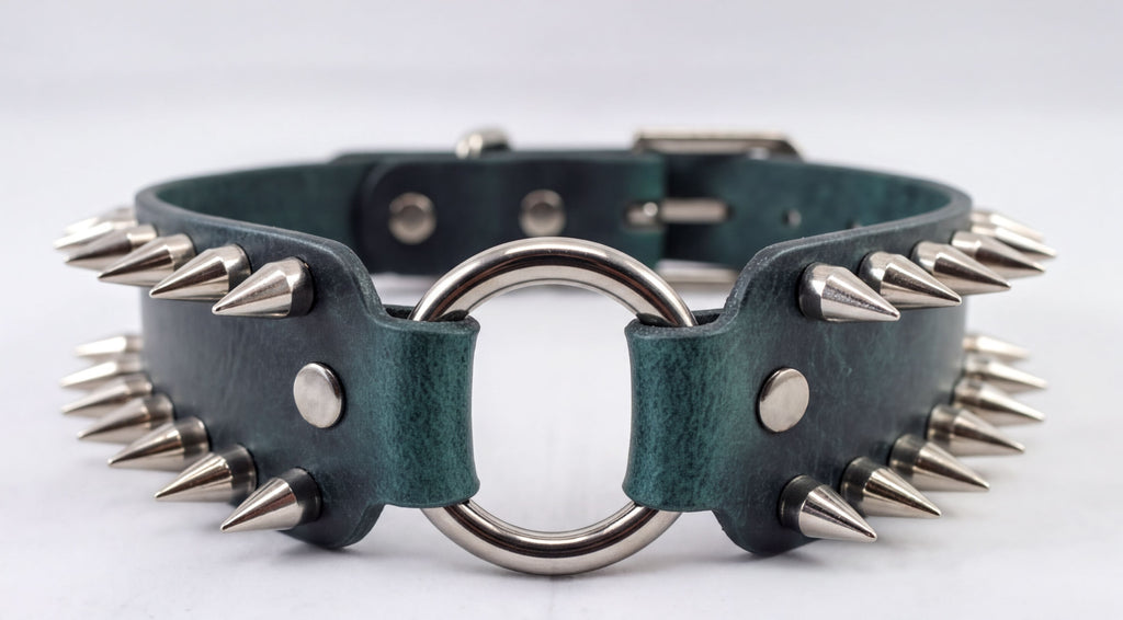 A close-up image of a spiked leather collar with metal studs and a circular metal ring.