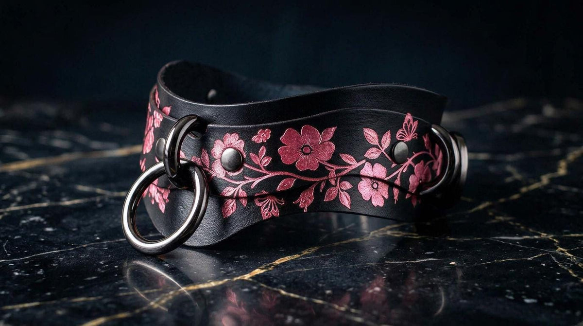 A black leather choker necklace with a floral pattern and metal rings on the front.