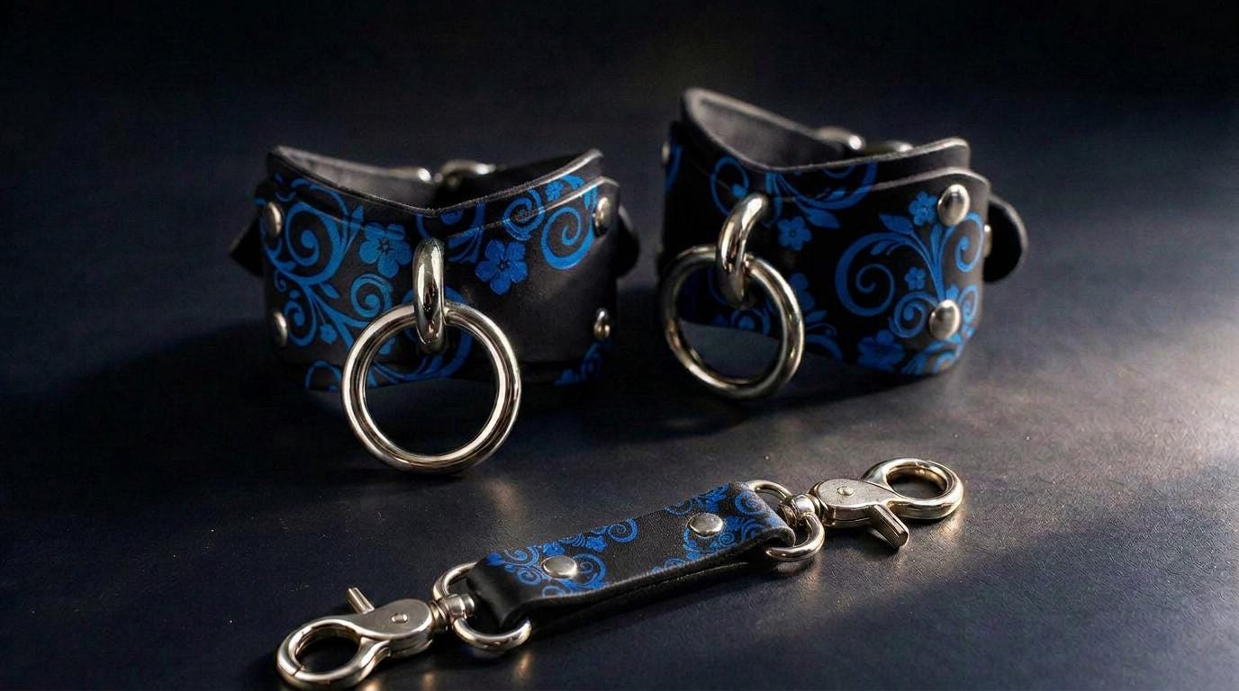A pair of blue and black leather chaps with metal rings and a matching leather strap with metal rings are displayed on a dark surface.