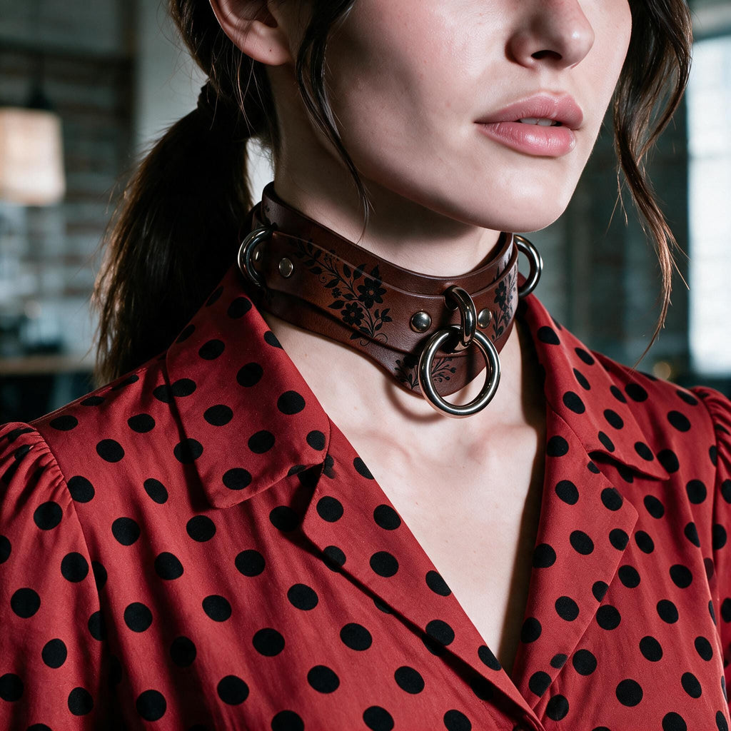 A close-up of a woman wearing a brown leather choker necklace with metal rings, and a red blouse with black polka dots.