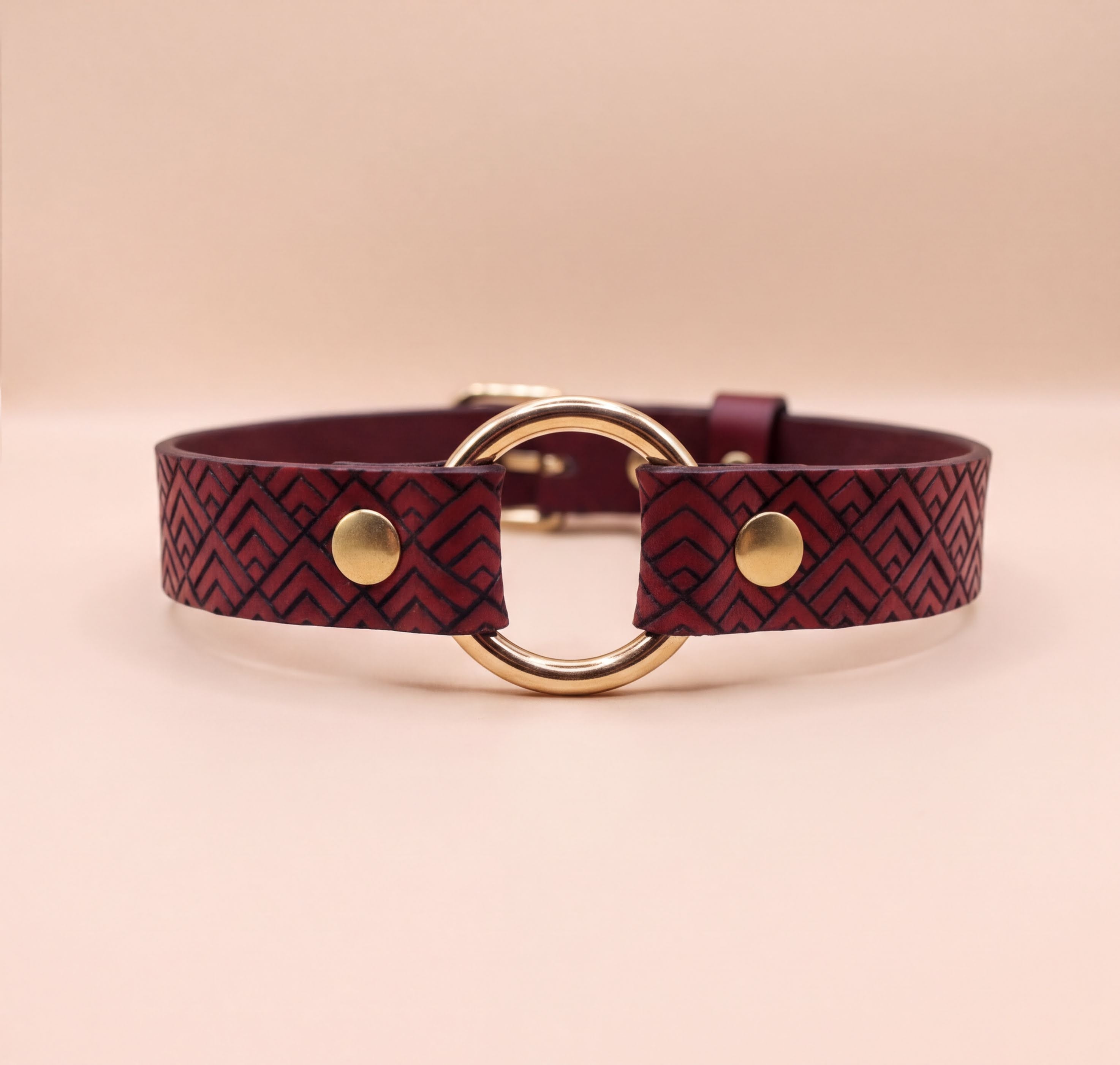 A burgundy leather choker necklace with a gold-colored circular buckle.