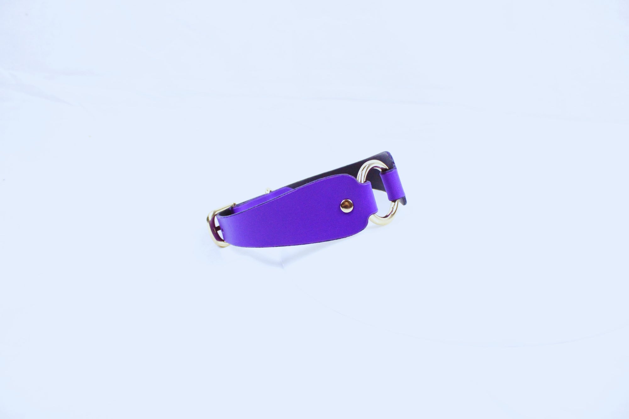 A purple leather collar with a metal buckle is shown against a plain white background.