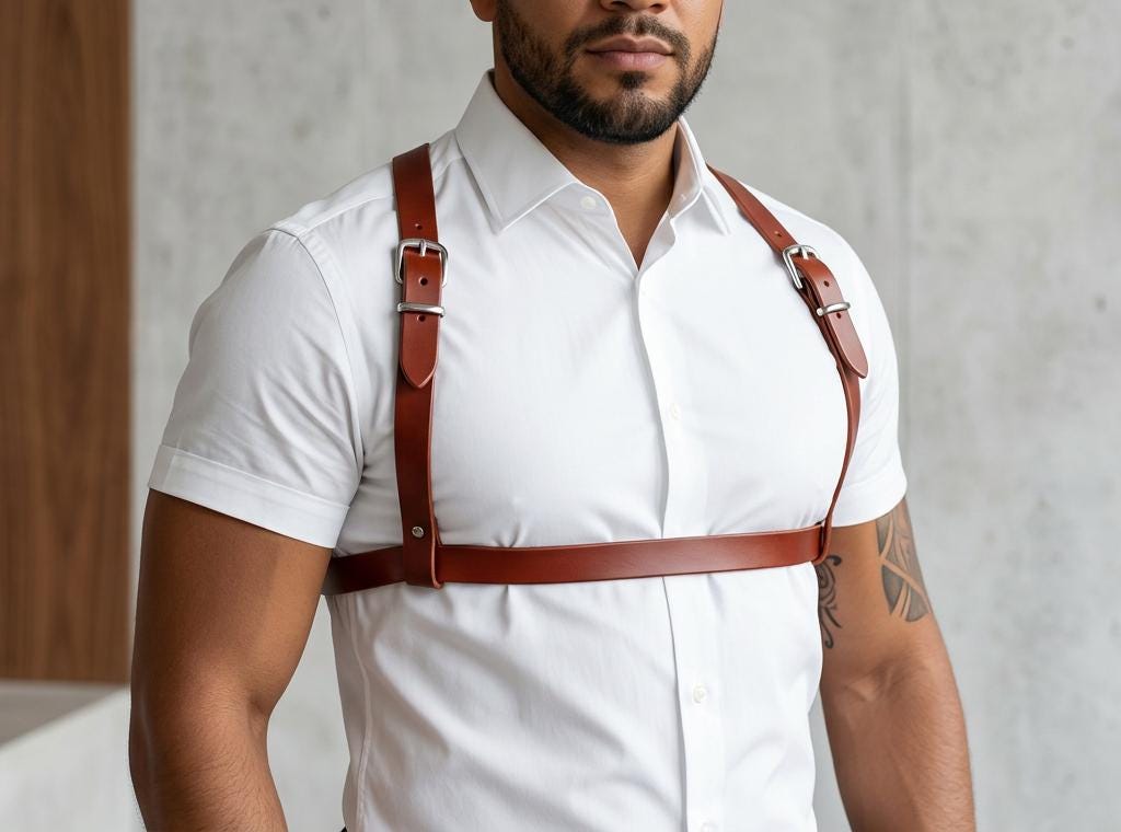 A man wearing a white shirt with a leather strap across his chest.