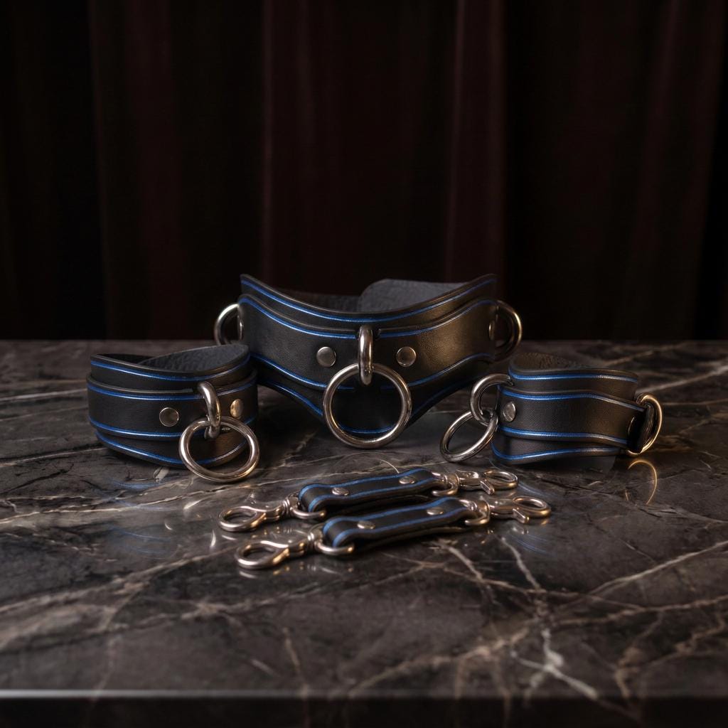 A set of black leather straps with silver rings and buckles, arranged on a marble surface.