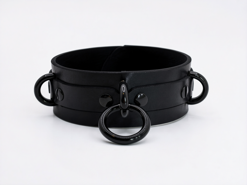 A black leather choker collar with metal rings and handles.