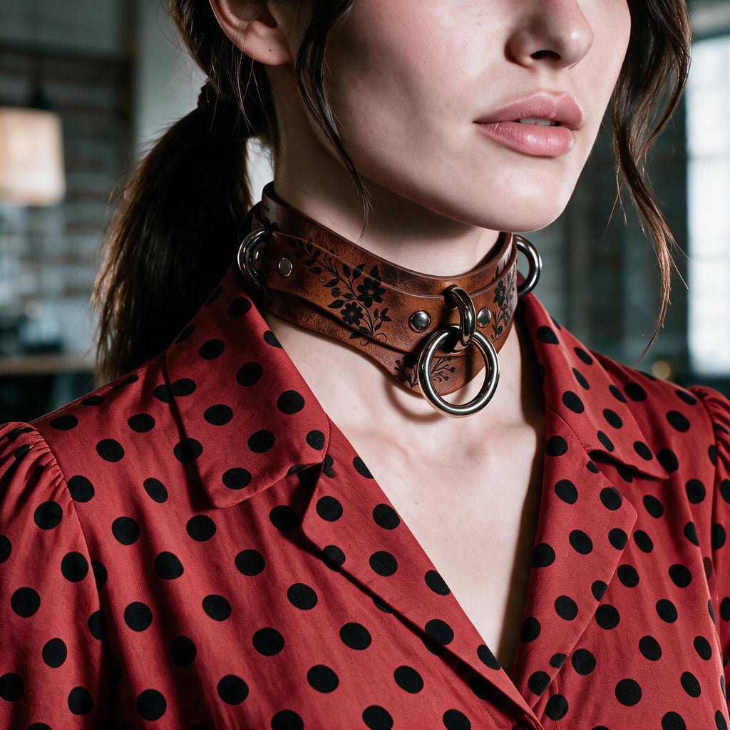 A close-up of a woman wearing a brown leather choker necklace with metal rings, and a red blouse with black polka dots.