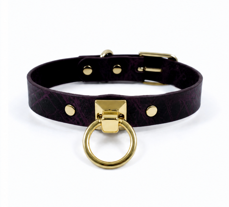 A purple leather choker collar with a gold metal ring and buckle.