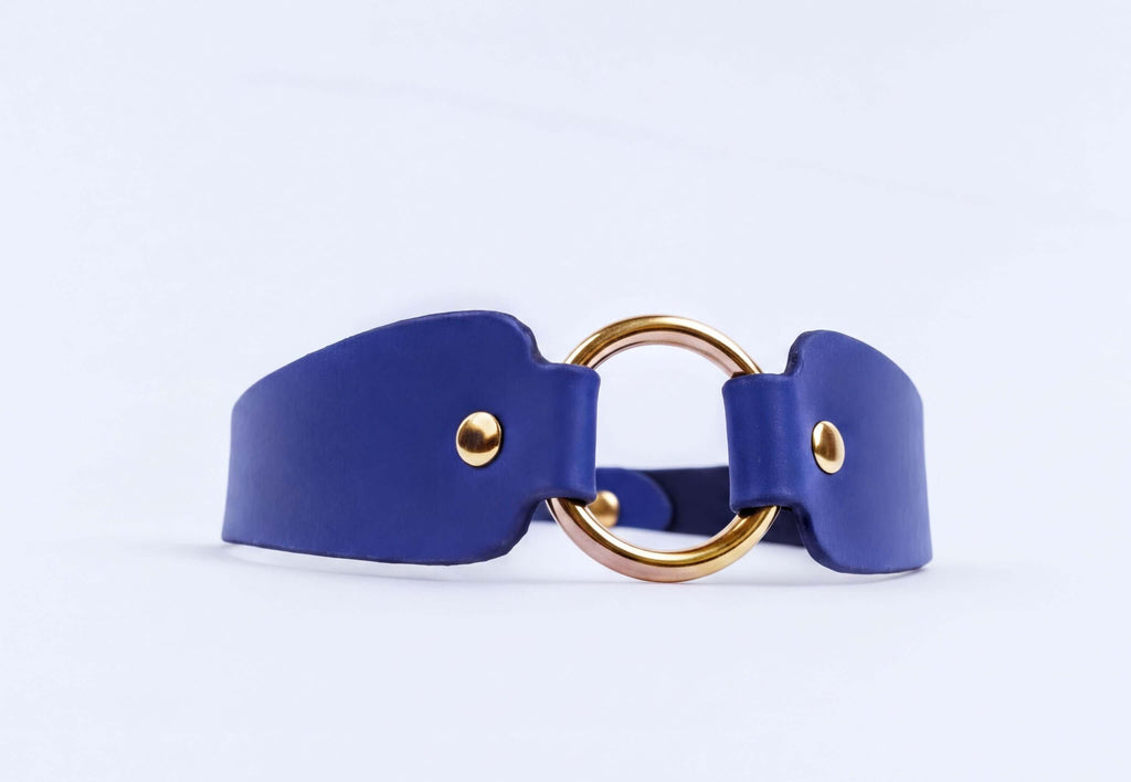 A blue leather choker necklace with a gold-colored circular buckle.