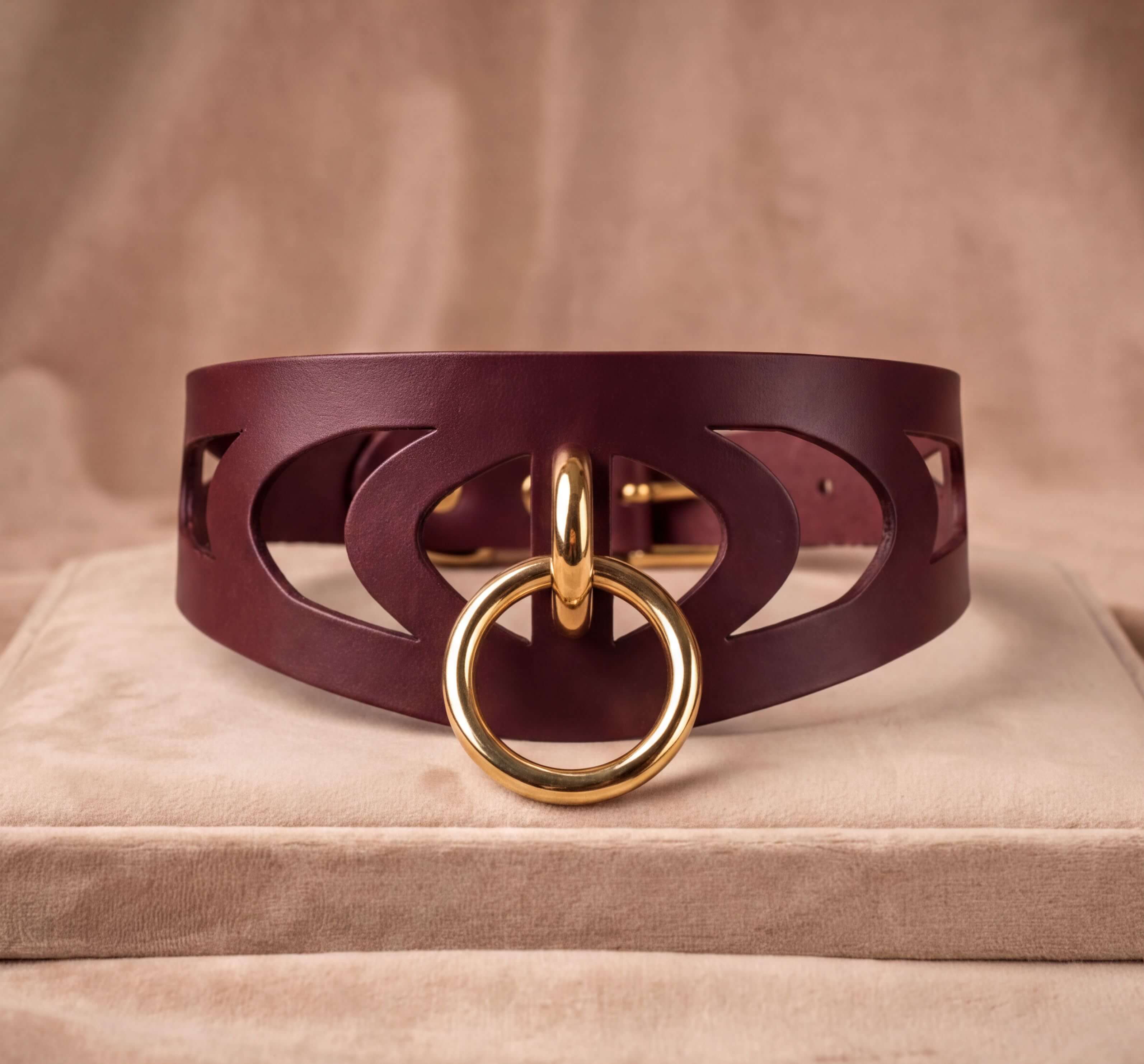 A burgundy leather choker necklace with a gold-colored circular clasp and a cutout design on the front.