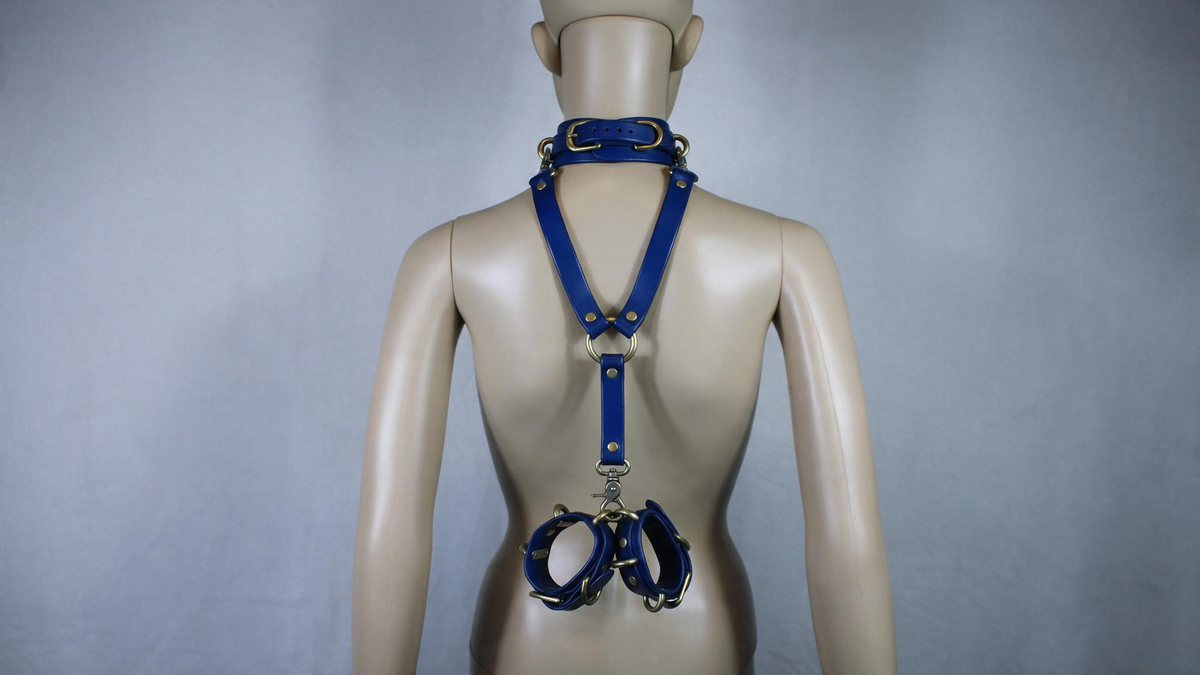 A mannequin wearing a blue leather harness with a chain and a round blue ring on the back.