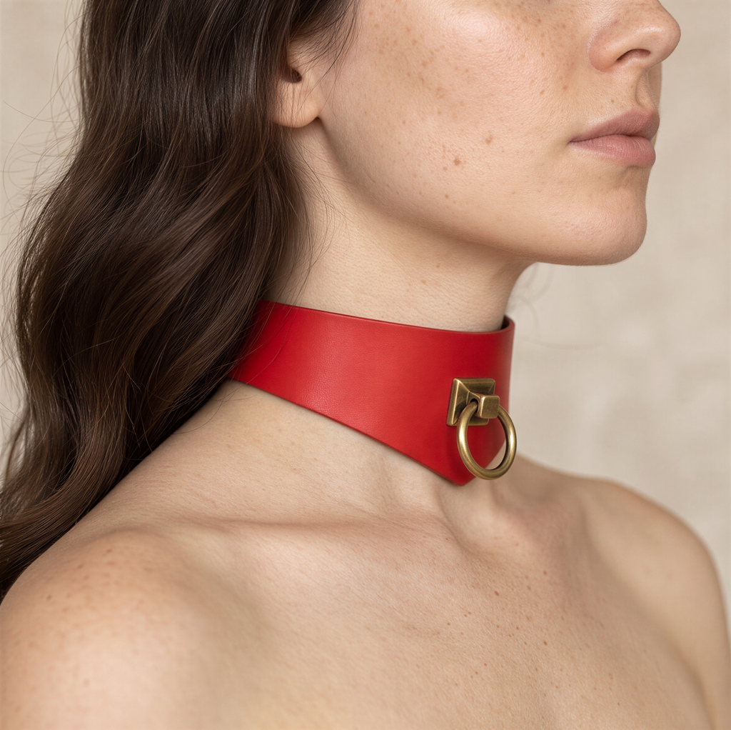 A close-up of a woman's neck and chest area wearing a red leather choker necklace with a gold-colored metal ring.