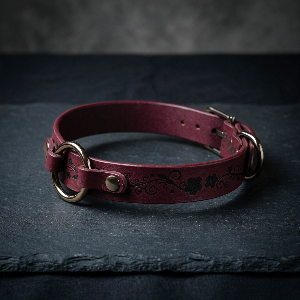 A burgundy leather collar with a floral design and metal rings is displayed on a dark surface.