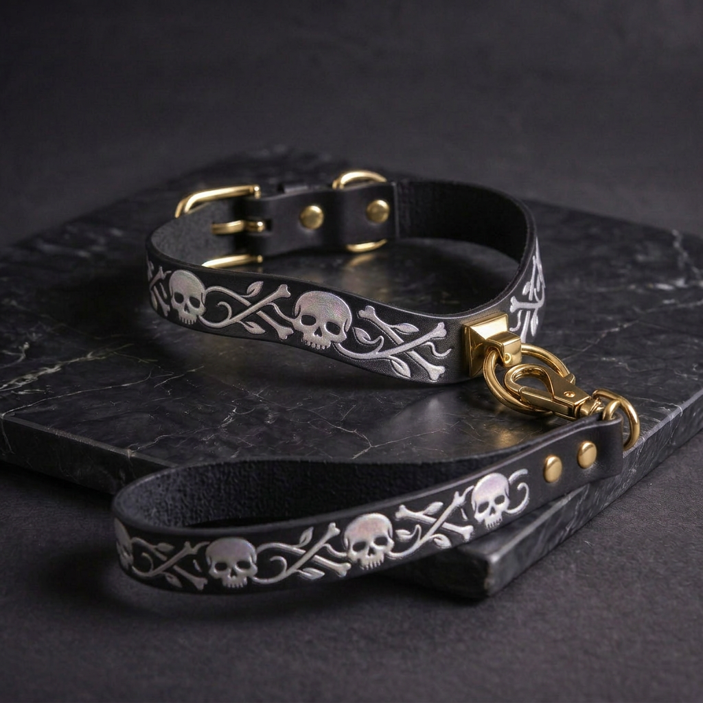 A black leather dog collar with a gold-colored buckle and a matching leash, both adorned with a skull and crossbones pattern, resting on a dark surface.