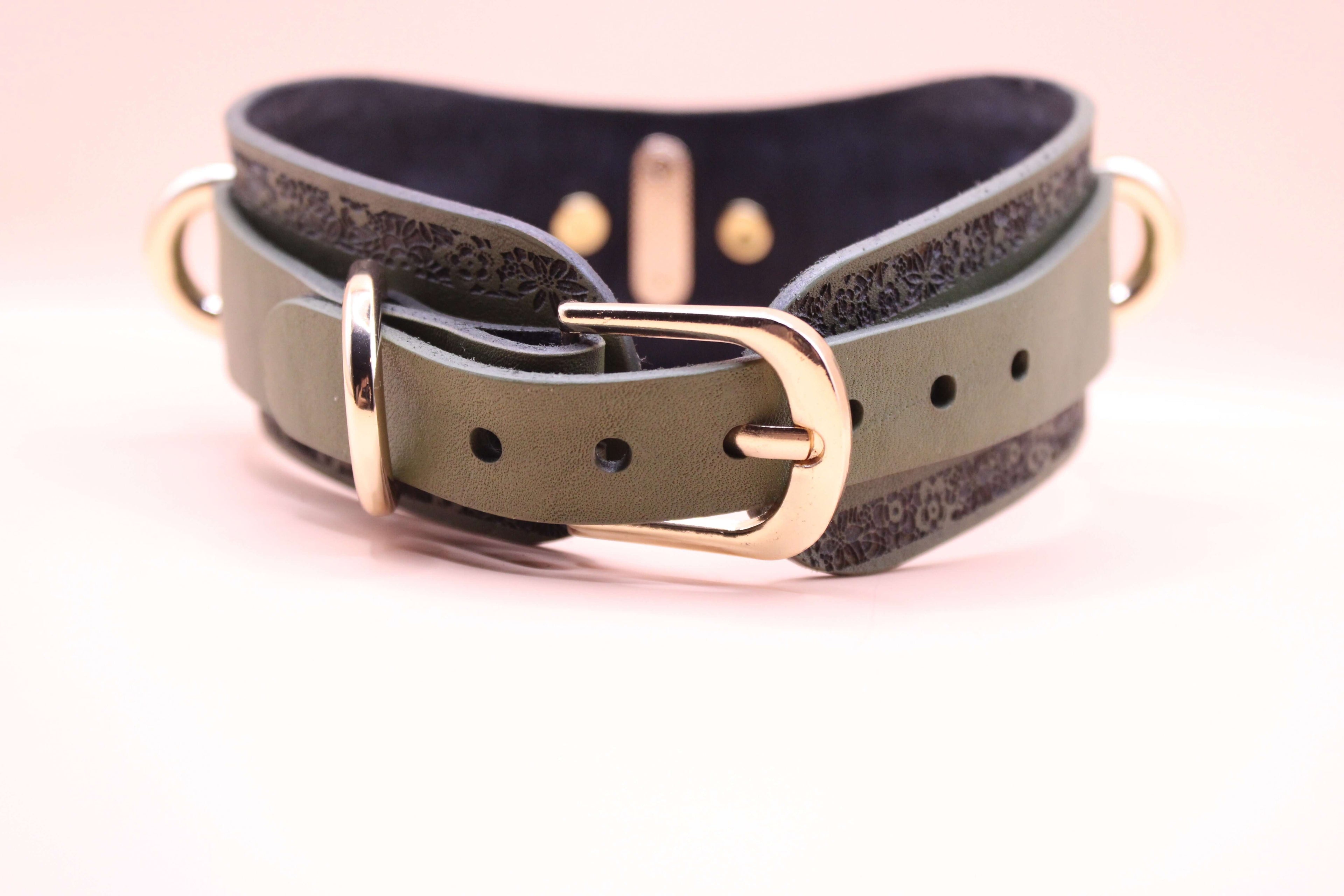 Avocado green leather choker with gold buckle and hardware, perfect for a stylish day collar or submissive jewelry.