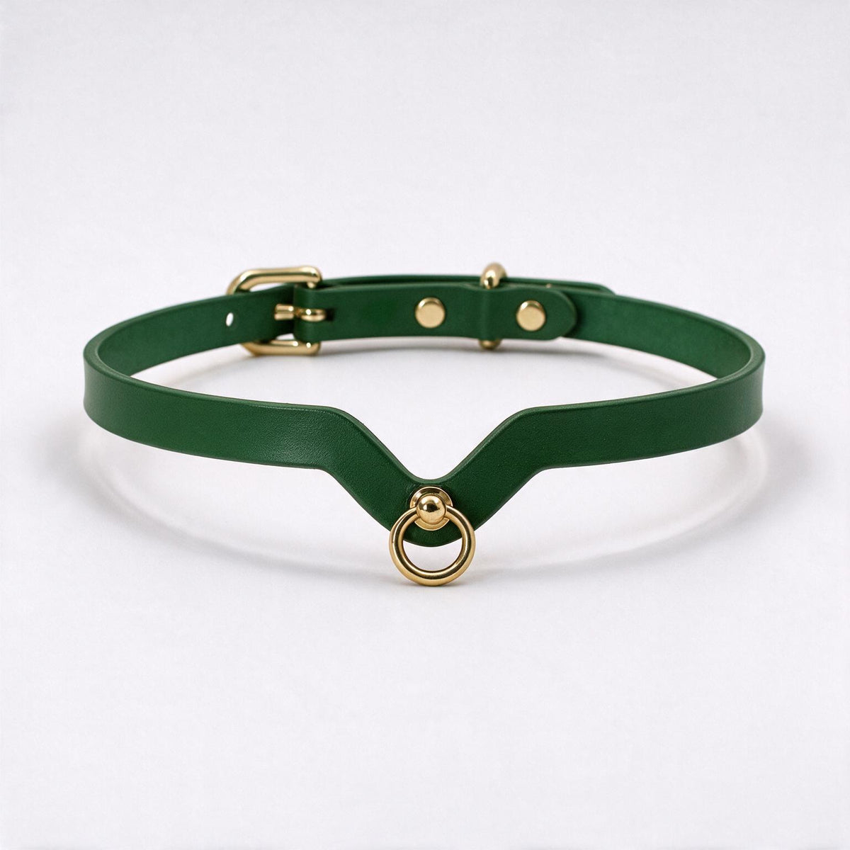 A green leather choker necklace with a gold-colored metal ring and buckle.