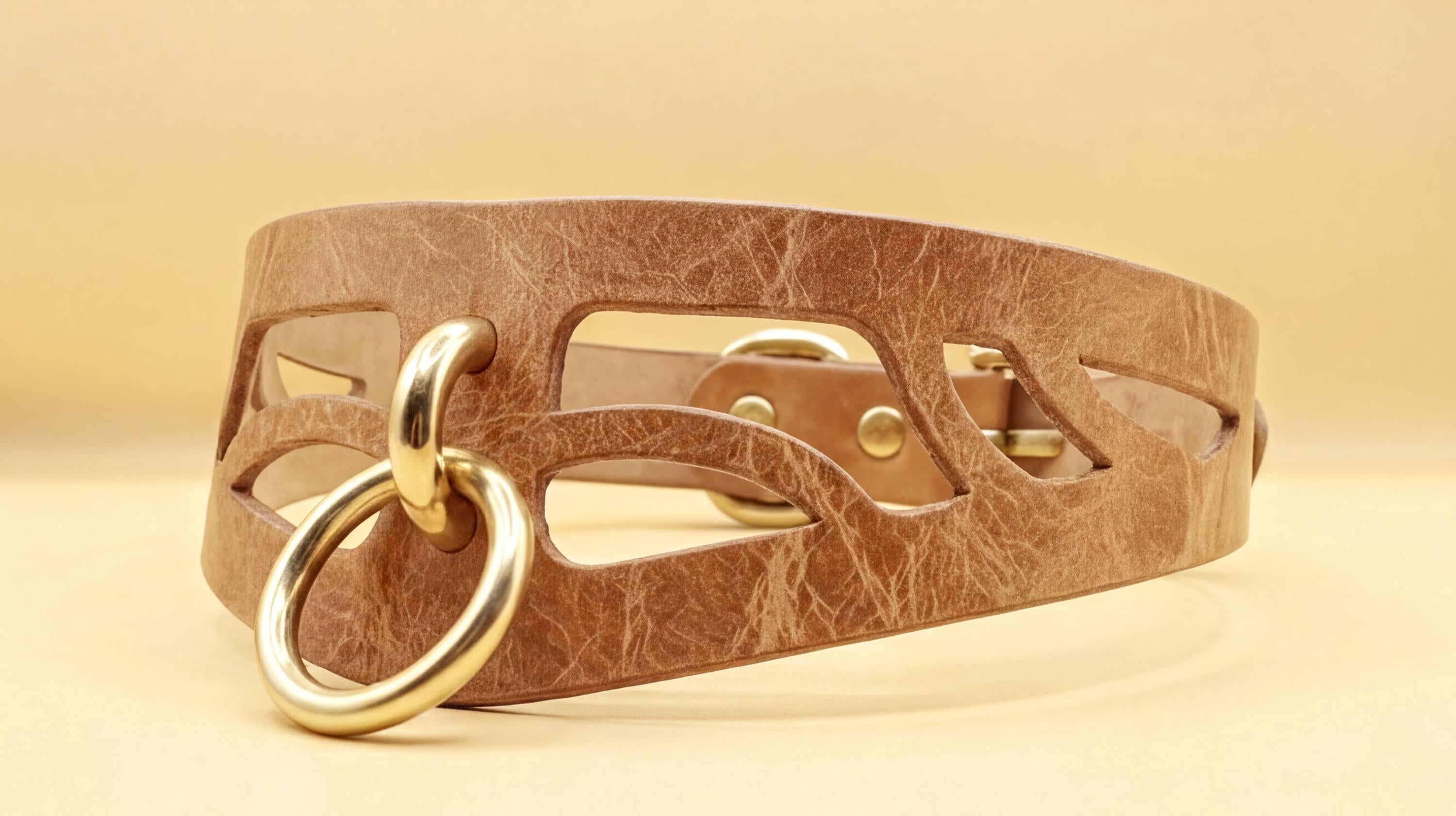 A close-up image of a leather choker necklace with a cutout design and a gold-colored ring.