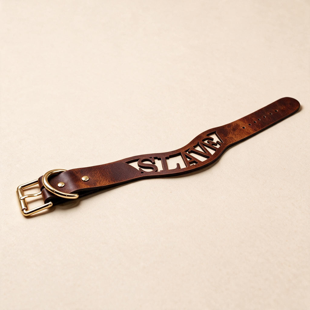 A brown leather belt with the word "SLAVE" carved into it.