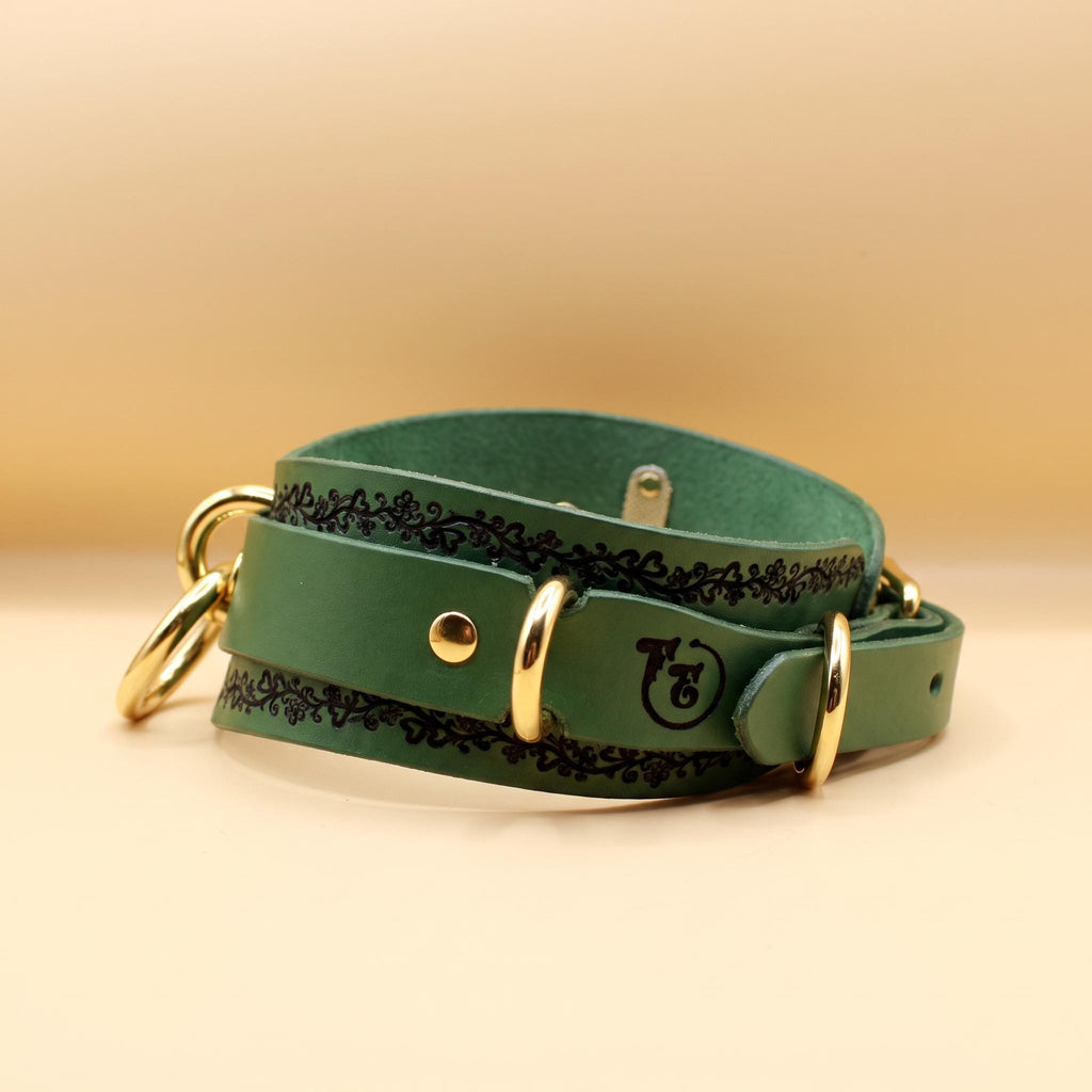 A green leather dog collar with decorative elements and gold hardware.
