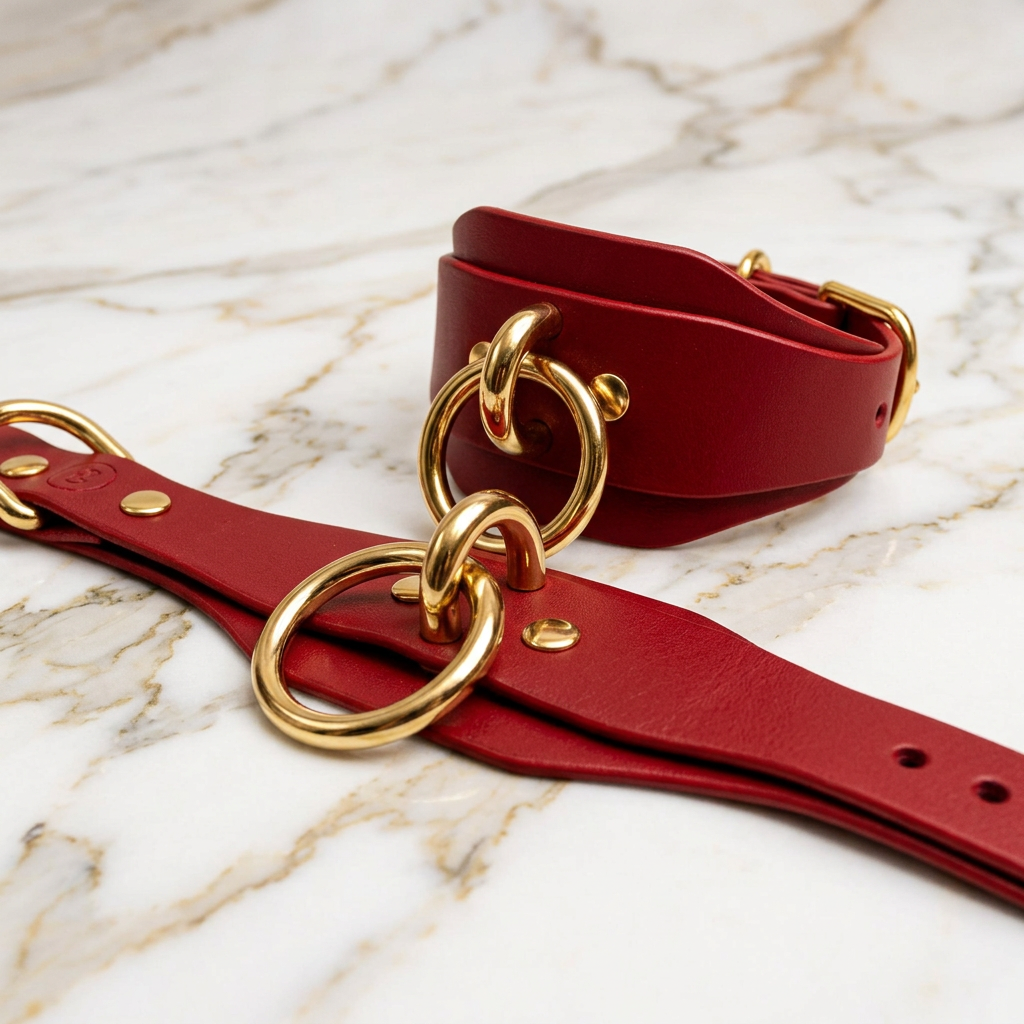 A red leather strap with gold metal rings and buckles is displayed on a marble surface.