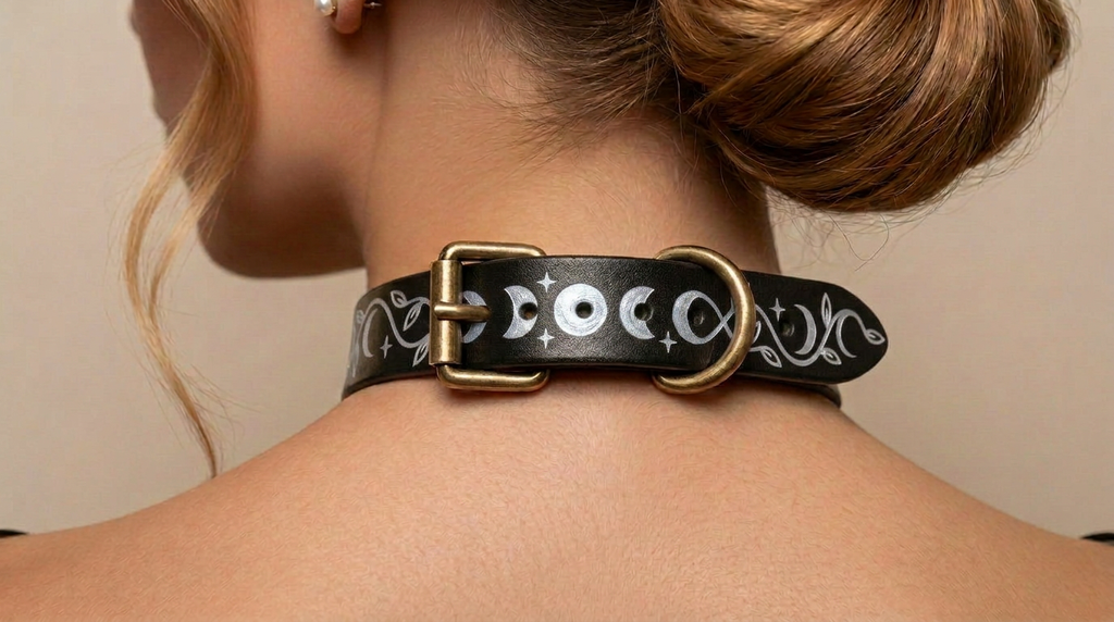 A close-up view of a woman's neck and shoulders, showing a black leather choker necklace with a decorative metal buckle and a moon-like design.