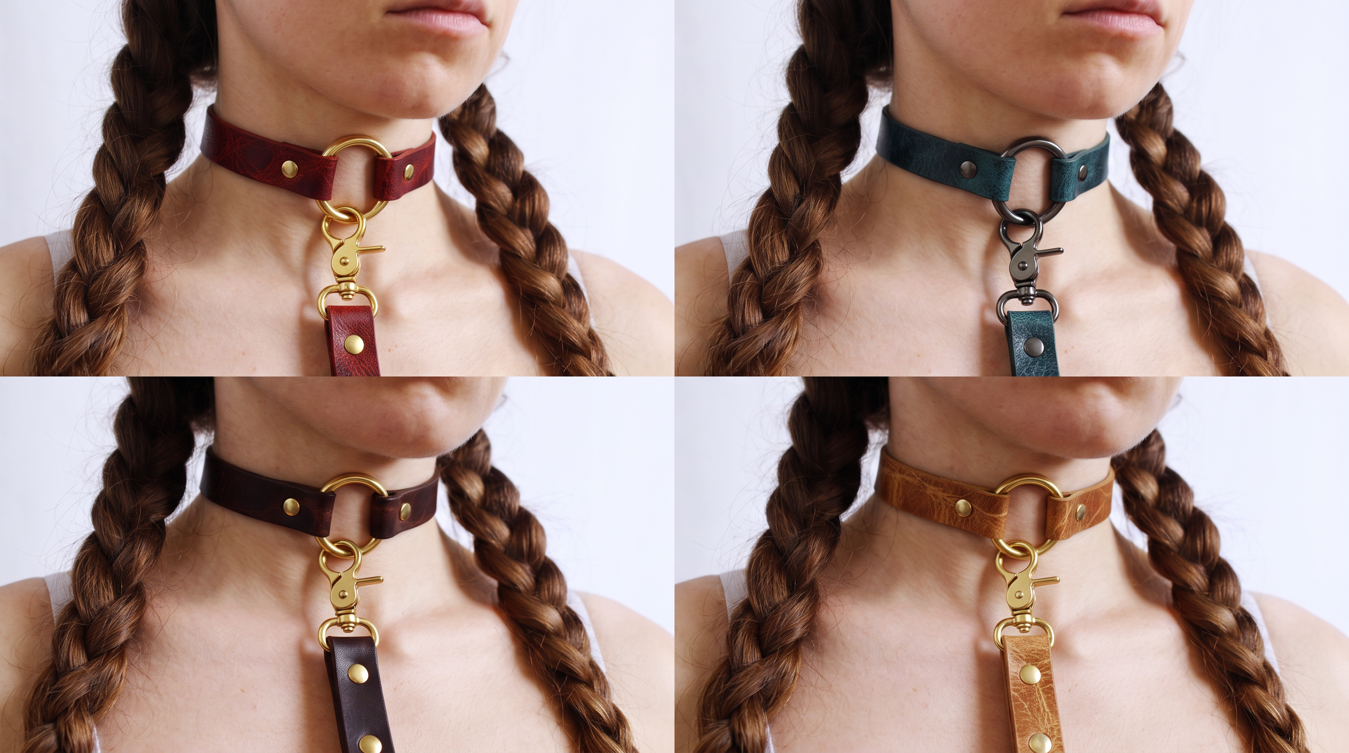 The image is a collage of four close-up photos of a person wearing a choker necklace with multiple rings and a leather strap.