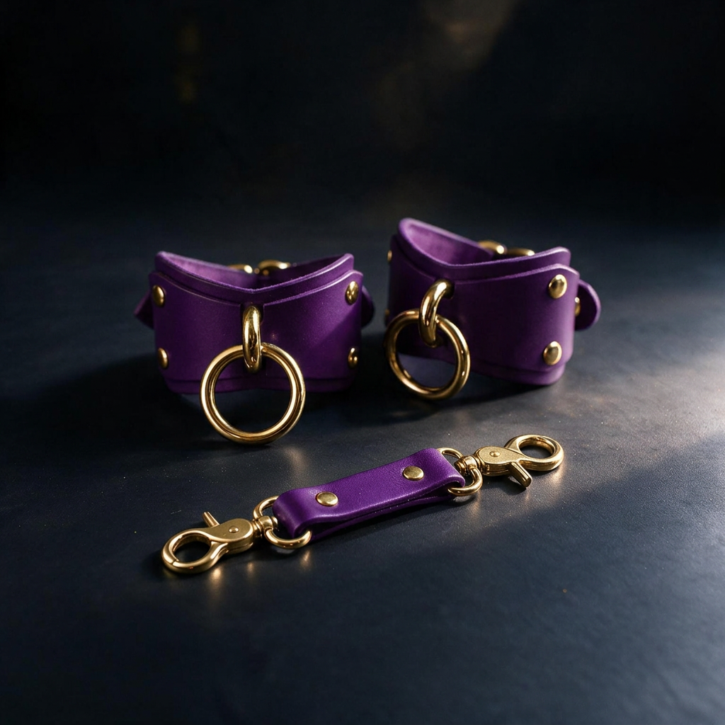 a pair of purple leather wrist restraints with gold-colored metal rings and a purple leather strap with gold-colored metal rings, all placed on a dark surface.