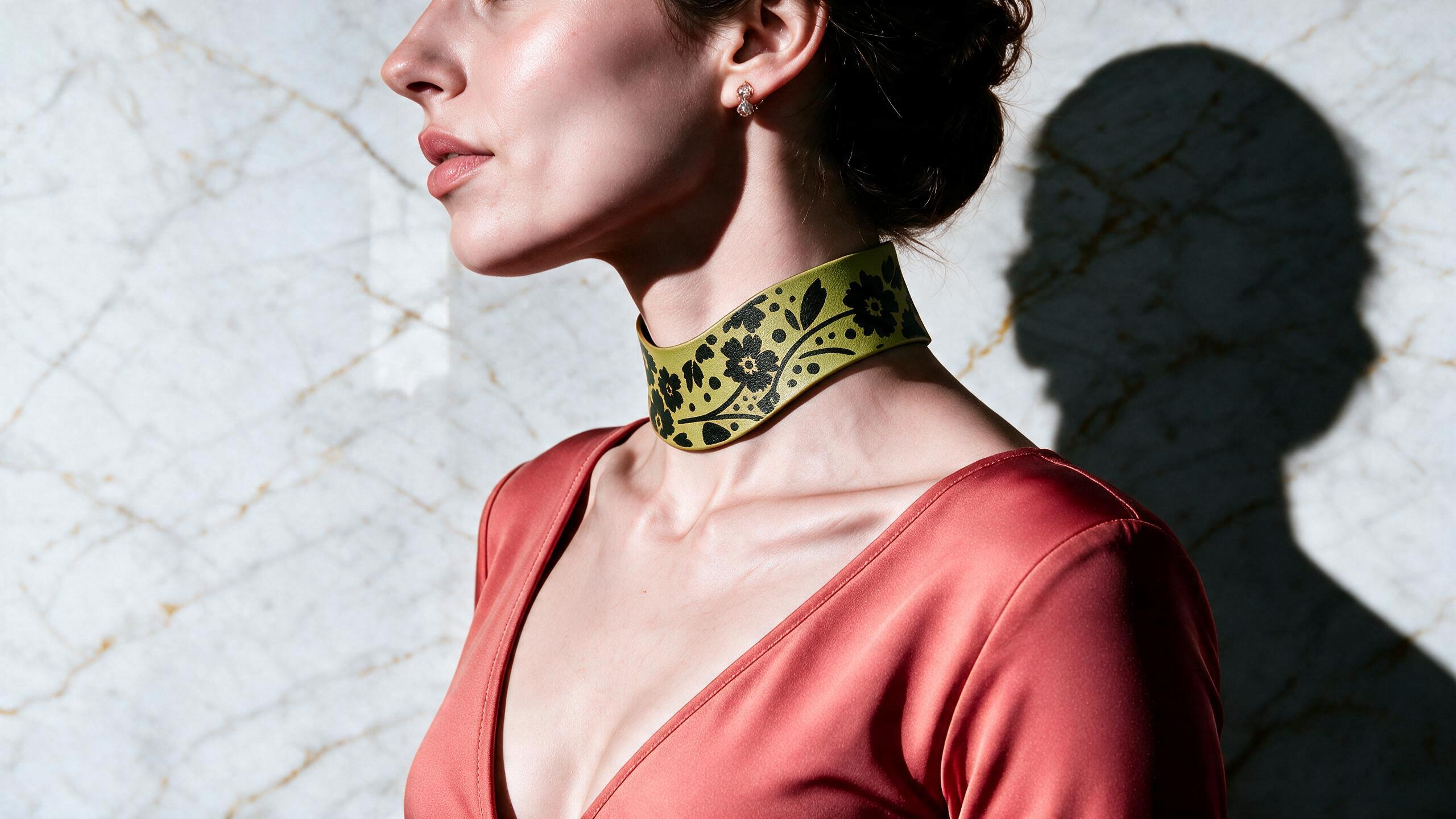 A woman wearing a red dress with a green floral pattern on her choker necklace stands against a marble wall.