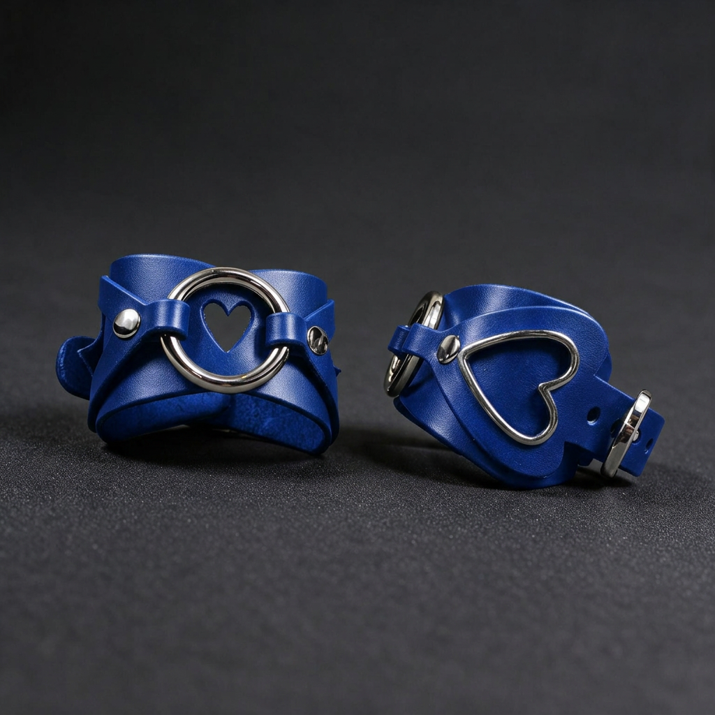 Two blue leather cuffs with heart-shaped cutouts are displayed against a dark background.