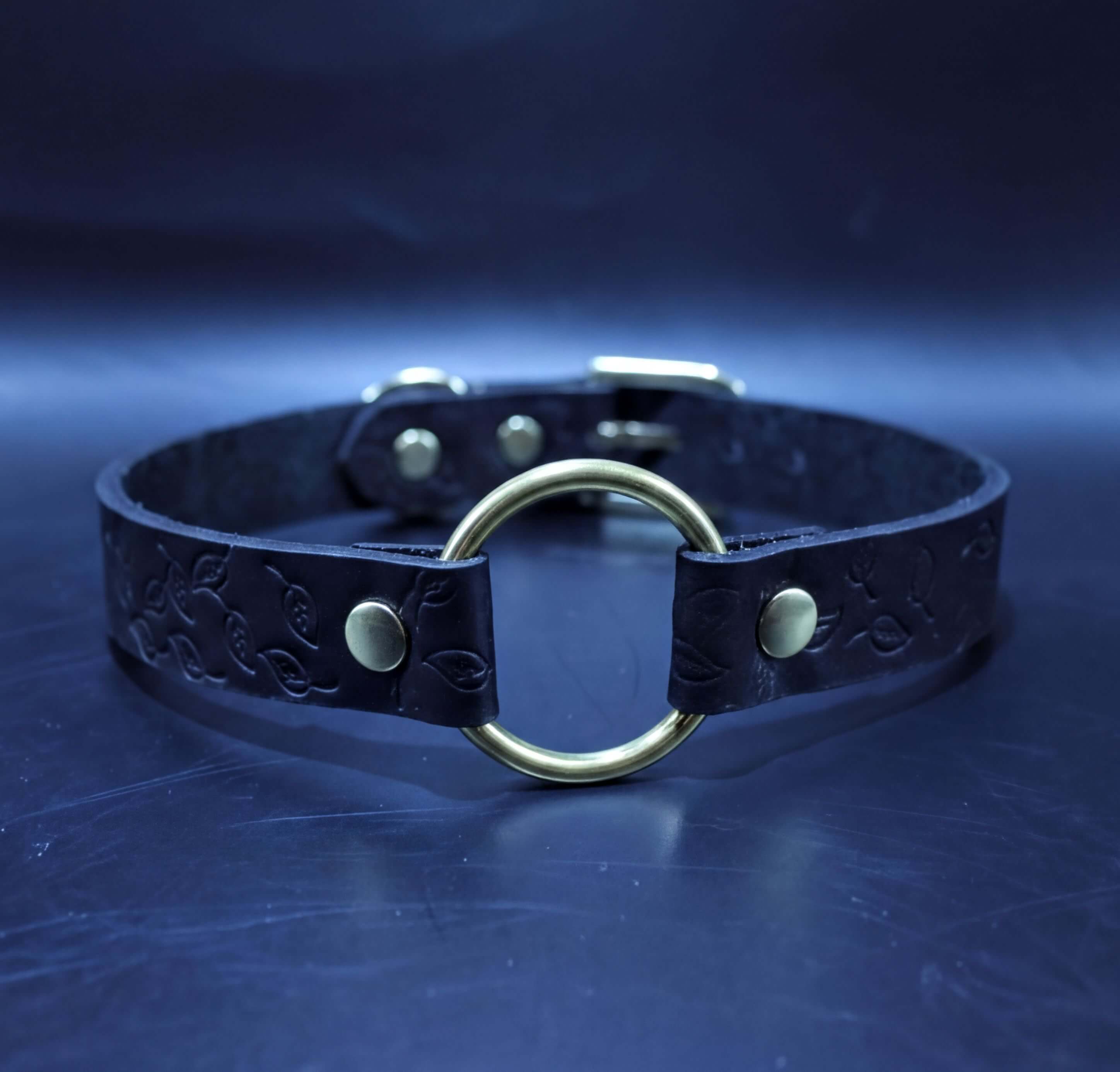 A black leather choker necklace with a gold-colored circular loop and two metal buckles.