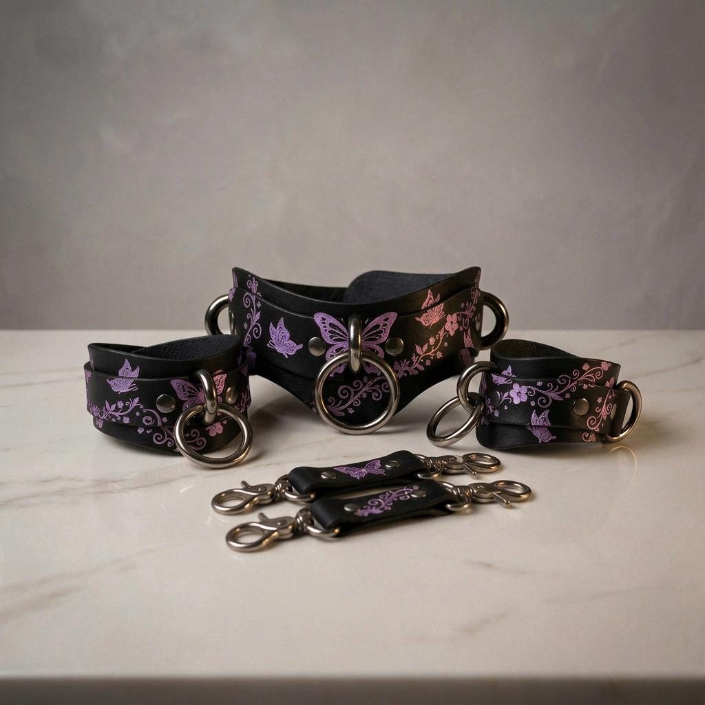 a collection of black leather accessories with purple floral designs, including a corset, bracelets, and a ring.