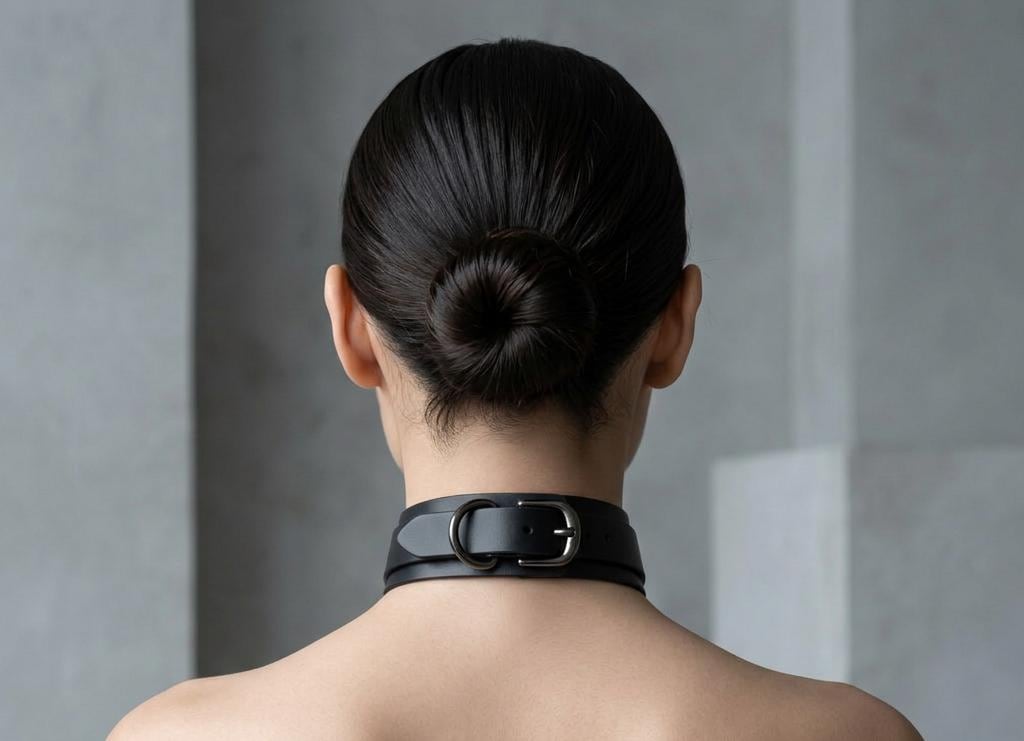 the back view of a woman with her hair in a bun, wearing a black choker necklace with a metal buckle.