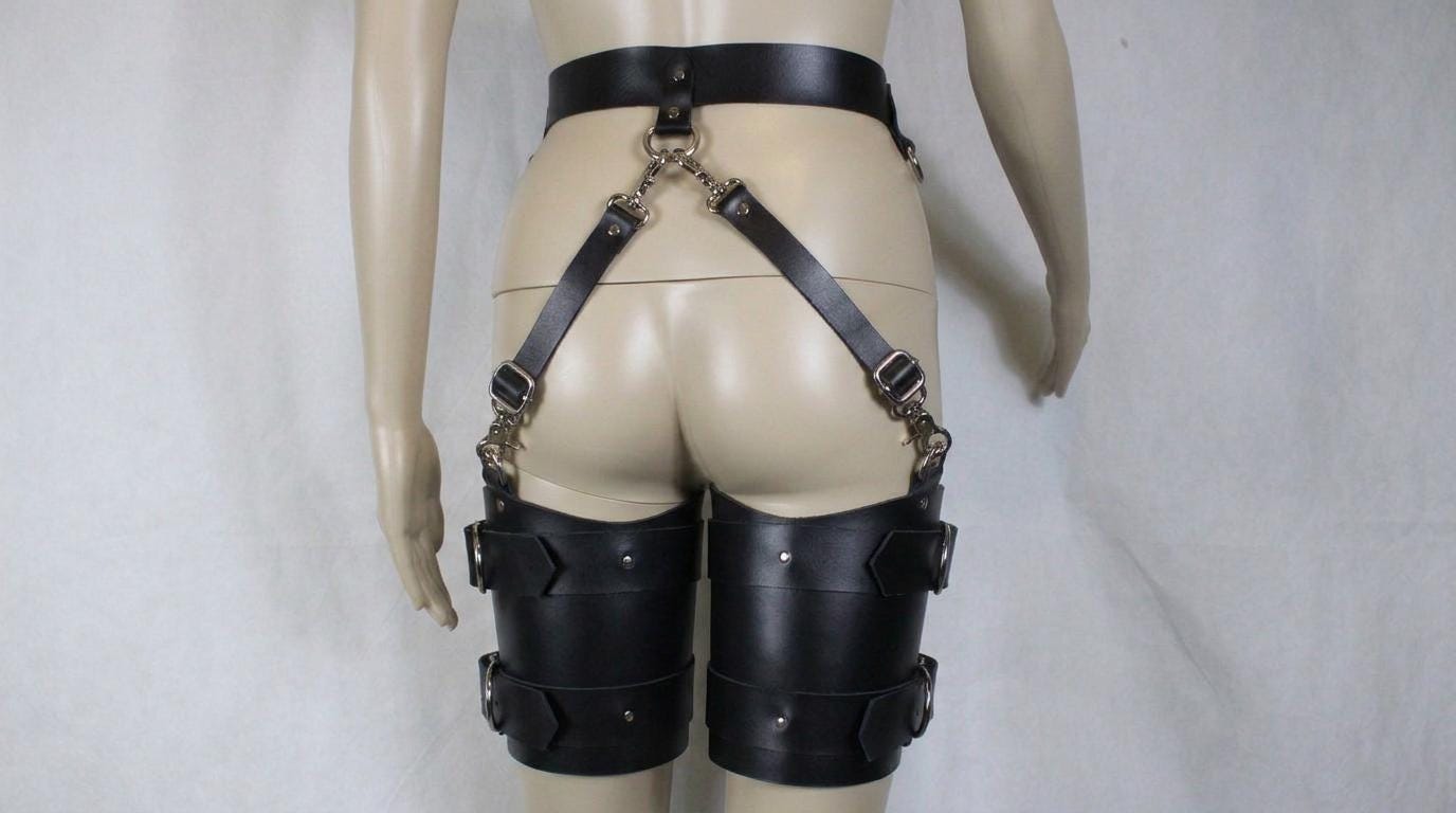 A mannequin wearing a pair of black leather garter belts with metal buckles and straps.
