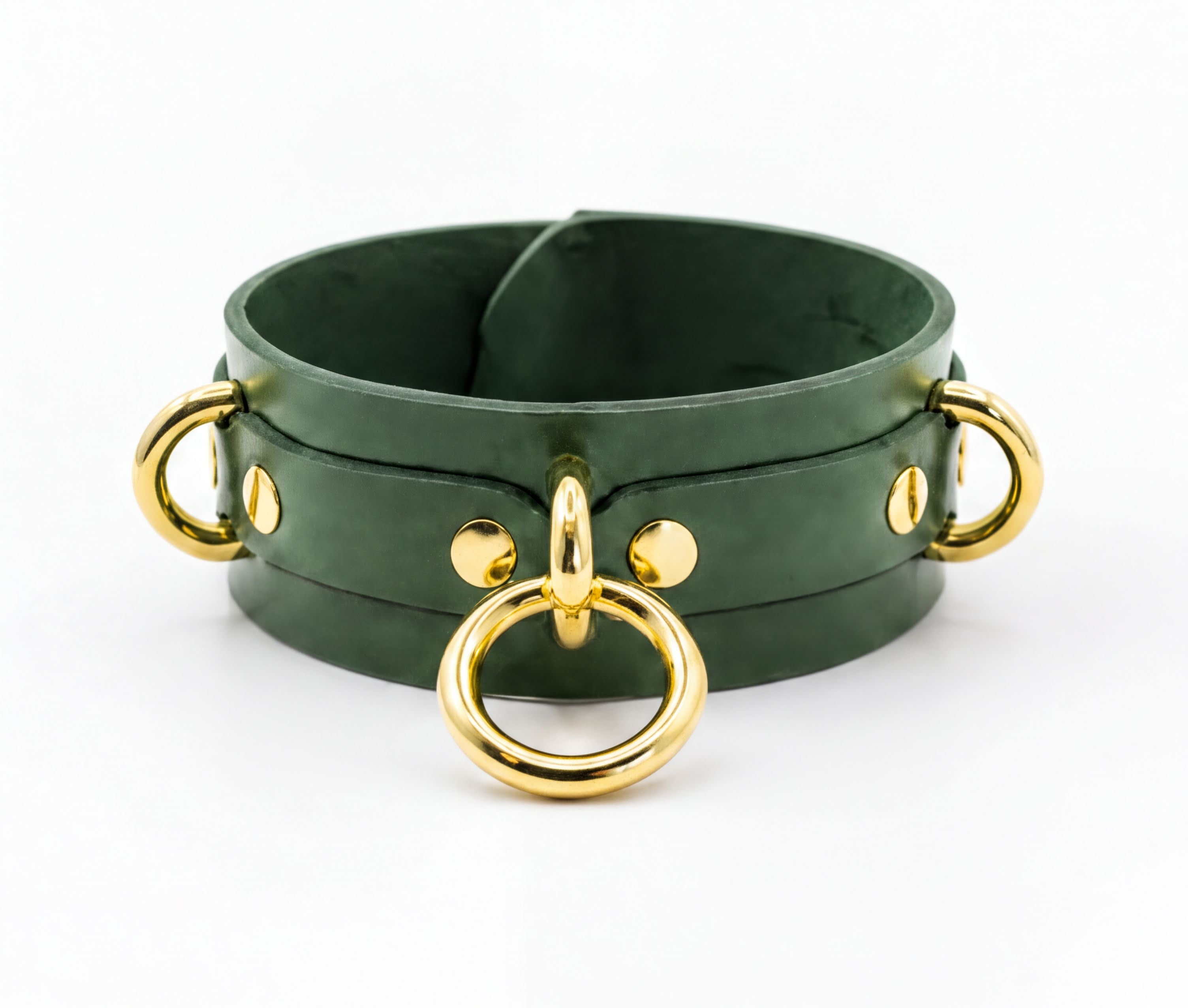 A green leather choker necklace with gold-colored metal rings and buckles.