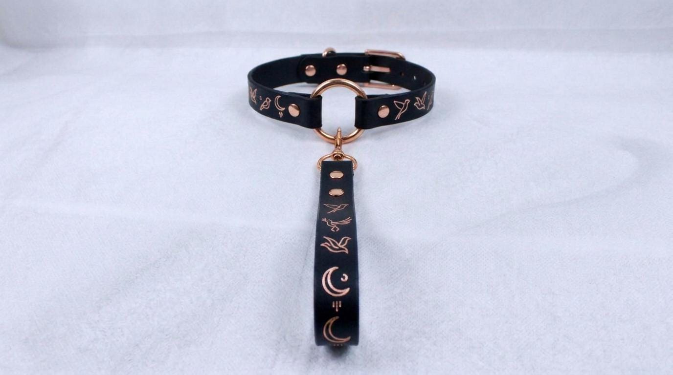 A black leather collar with a gold-colored metal clasp and a dangling handle, featuring a design of birds and crescent moons.