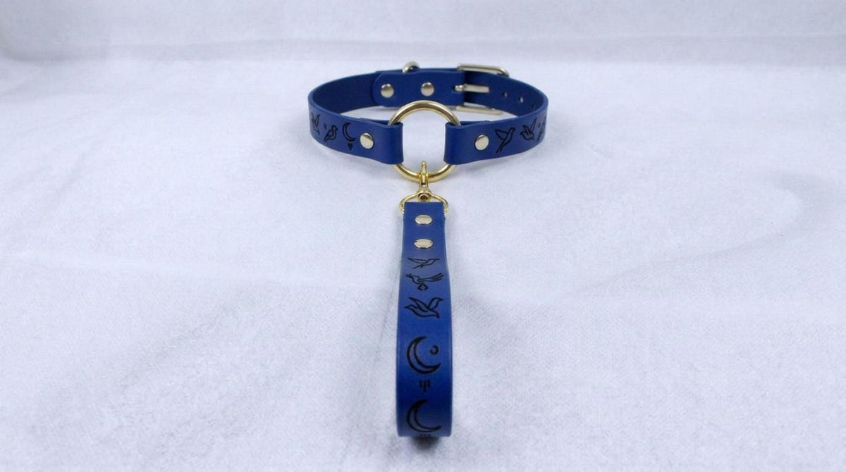 A blue leather collar with a gold-colored buckle and a dangling handle, placed on a white surface.