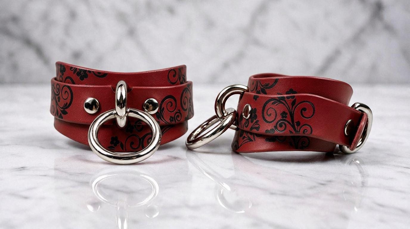 A pair of red leather straps with black floral designs and metal rings, placed on a marble surface.