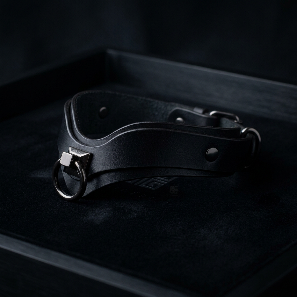 A black leather choker necklace with a metal clasp and ring is displayed on a dark surface.