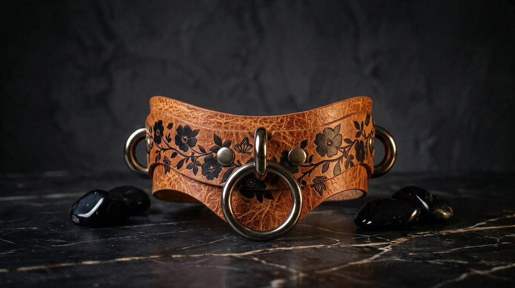 A leather collar with floral designs and metal rings is displayed on a black marble surface, accompanied by black stones.