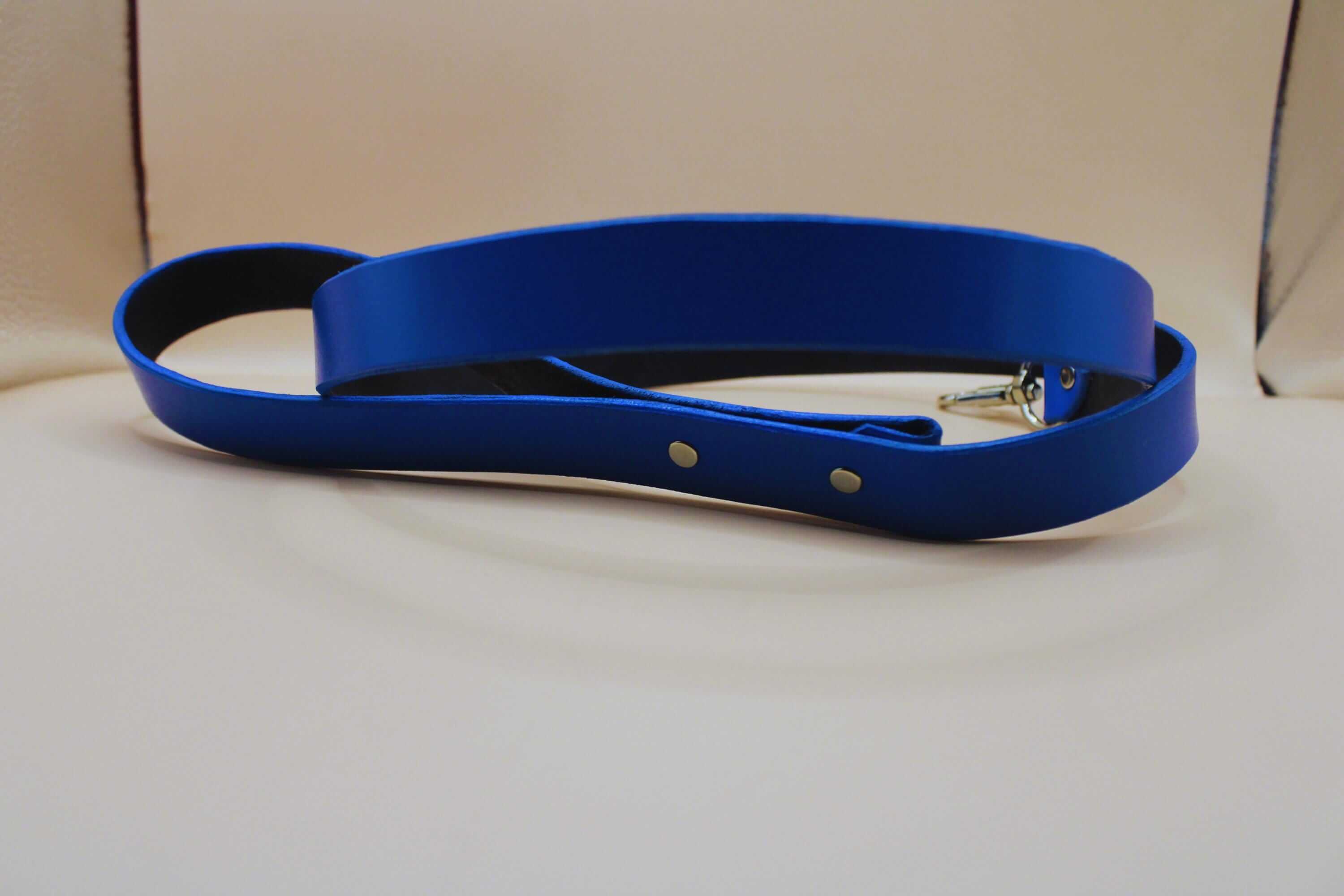 Blue leather BDSM leash, 90cm long, perfect for submissive play and bondage gear, featuring sleek chrome hardware.