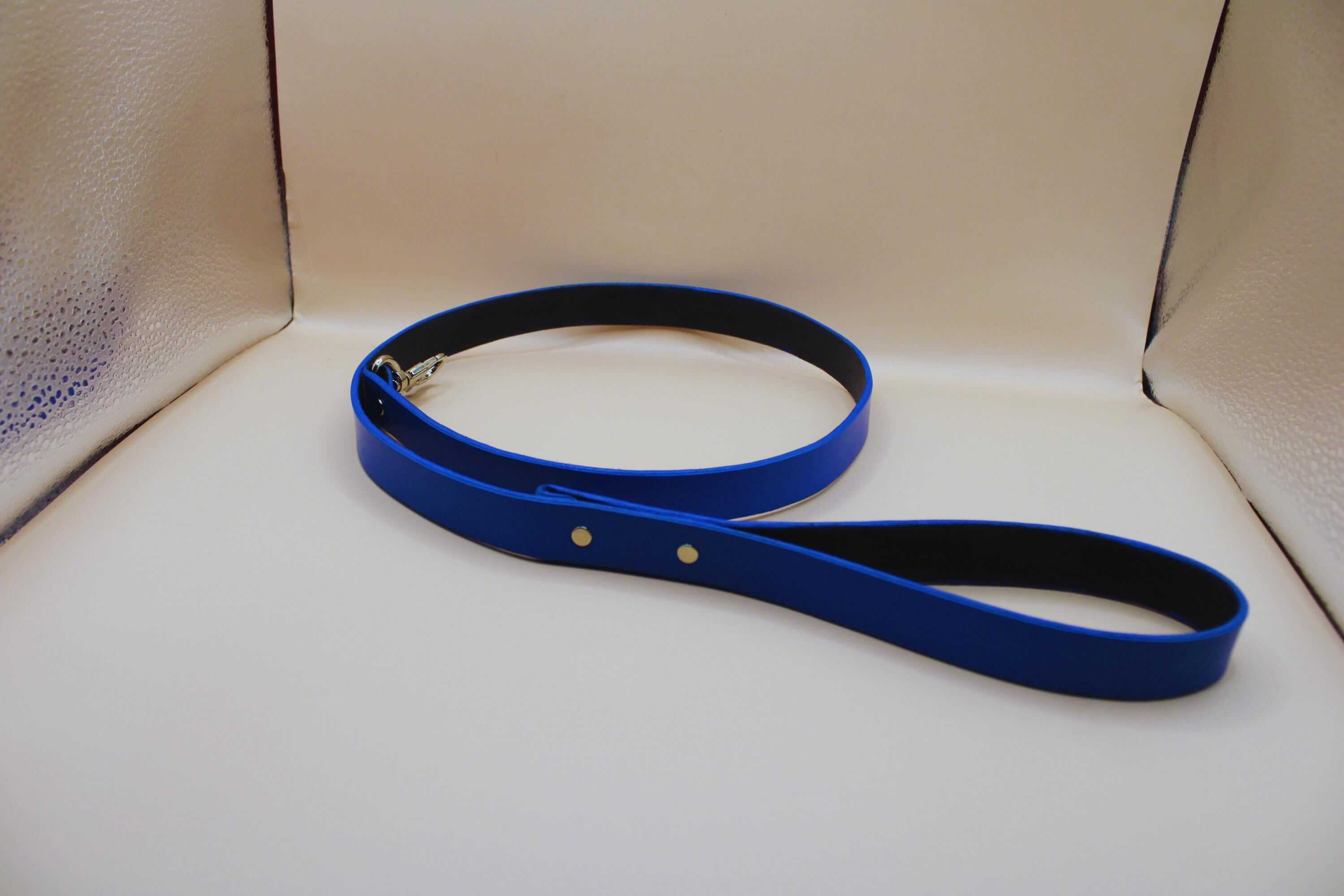 Blue leather BDSM leash for submissive play, features chrome hardware, ideal for bondage gear and kink enthusiasts.
