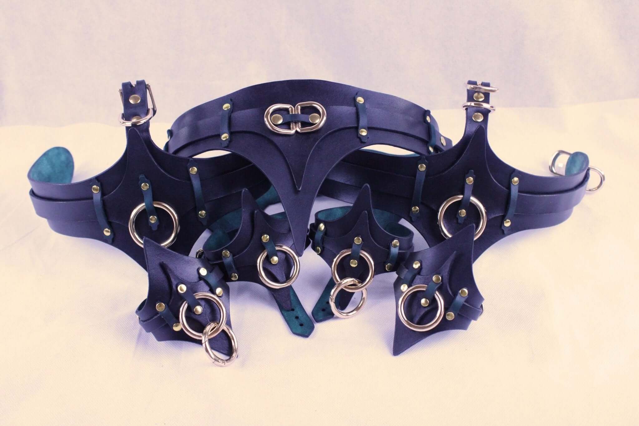 Black leather bondage harness and cuffs set with rings for BDSM play, featuring thigh and wrist cuffs for erotic adventures.