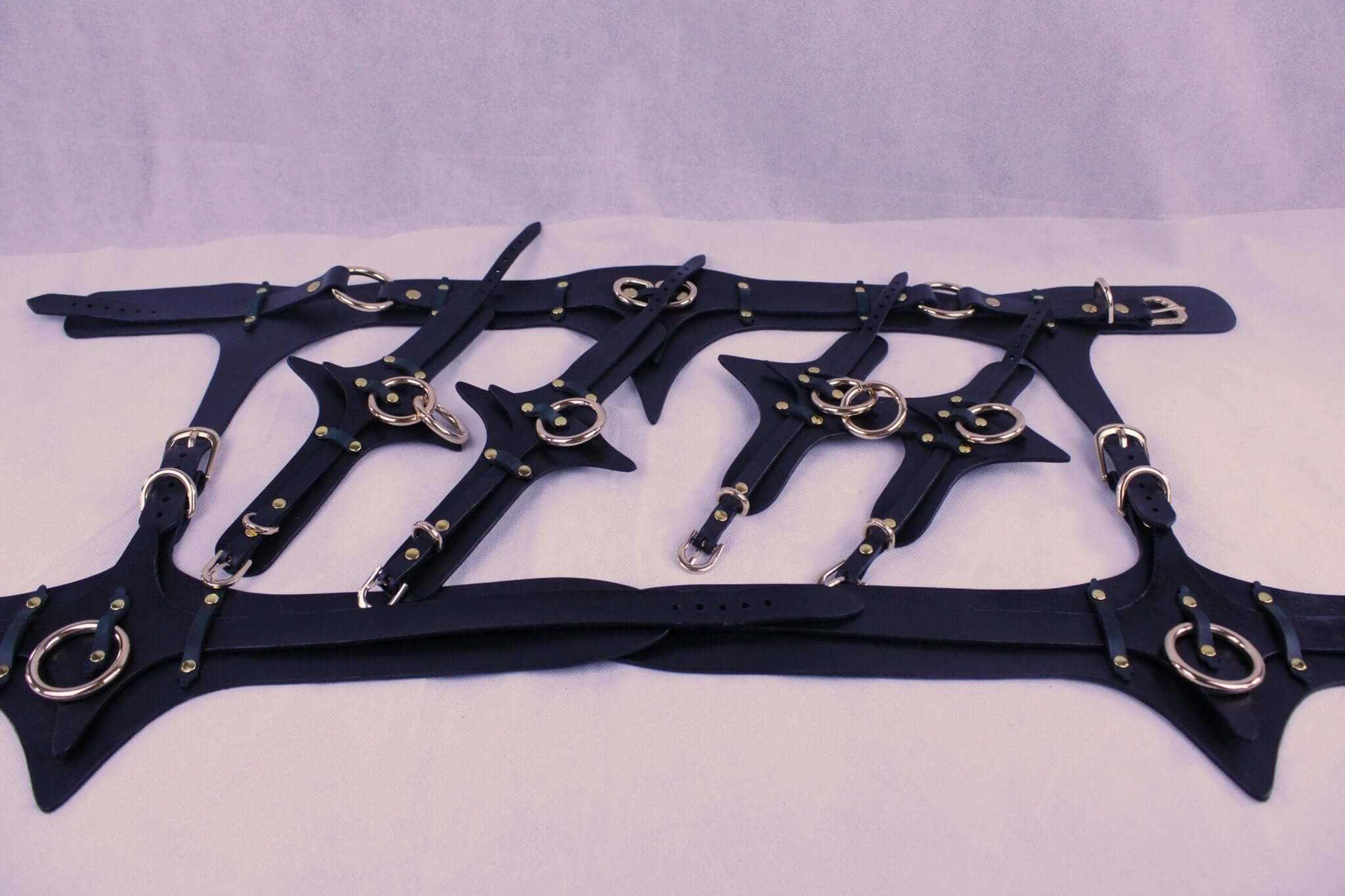 Black leather BDSM gear featuring multiple straps and silver rings, ideal for bondage and submissive collar play.